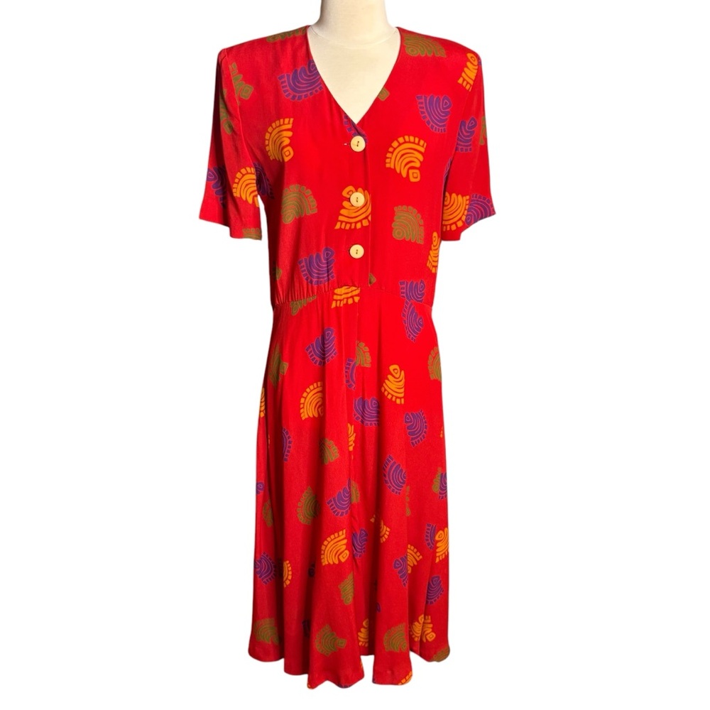 Bichon Red Midi 1/2 Button Up A Line Print Dress sz 6 - Picture 2 of 9
